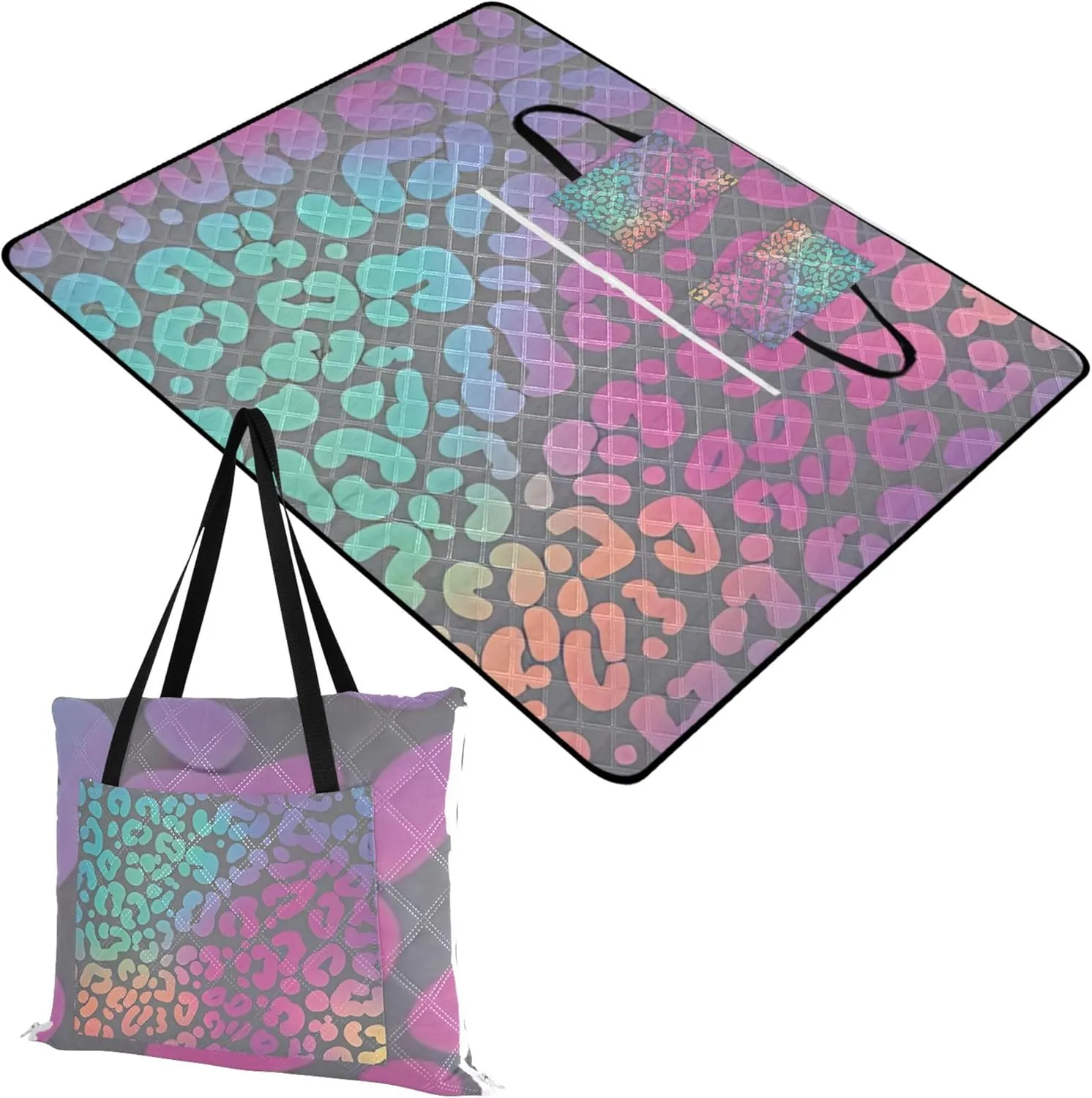 CHIFIGNO Neon Leopard Rainbow Beach Blanket Waterproof Sandproof Cute Picnic Blanket Mat Foldable Lawn Blanket for Grass Mat 80" x 60"