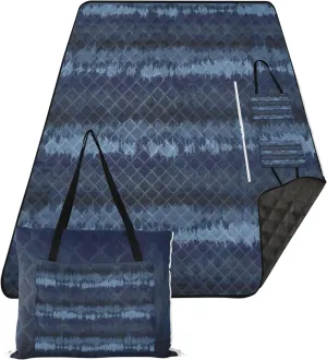 CHIFIGNO Stripe Shibori Tie Dye Indigo Cute Picnic Blankets Foldable Sand Free Beach Blanket Waterproof Outdoor Play Mat for Grass 80" x 60"