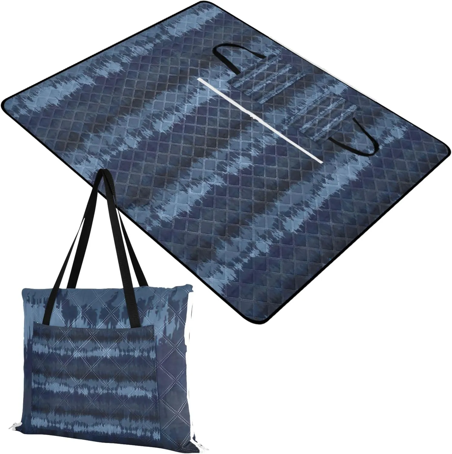 CHIFIGNO Stripe Shibori Tie Dye Indigo Cute Picnic Blankets Foldable Sand Free Beach Blanket Waterproof Outdoor Play Mat for Grass 80" x 60"