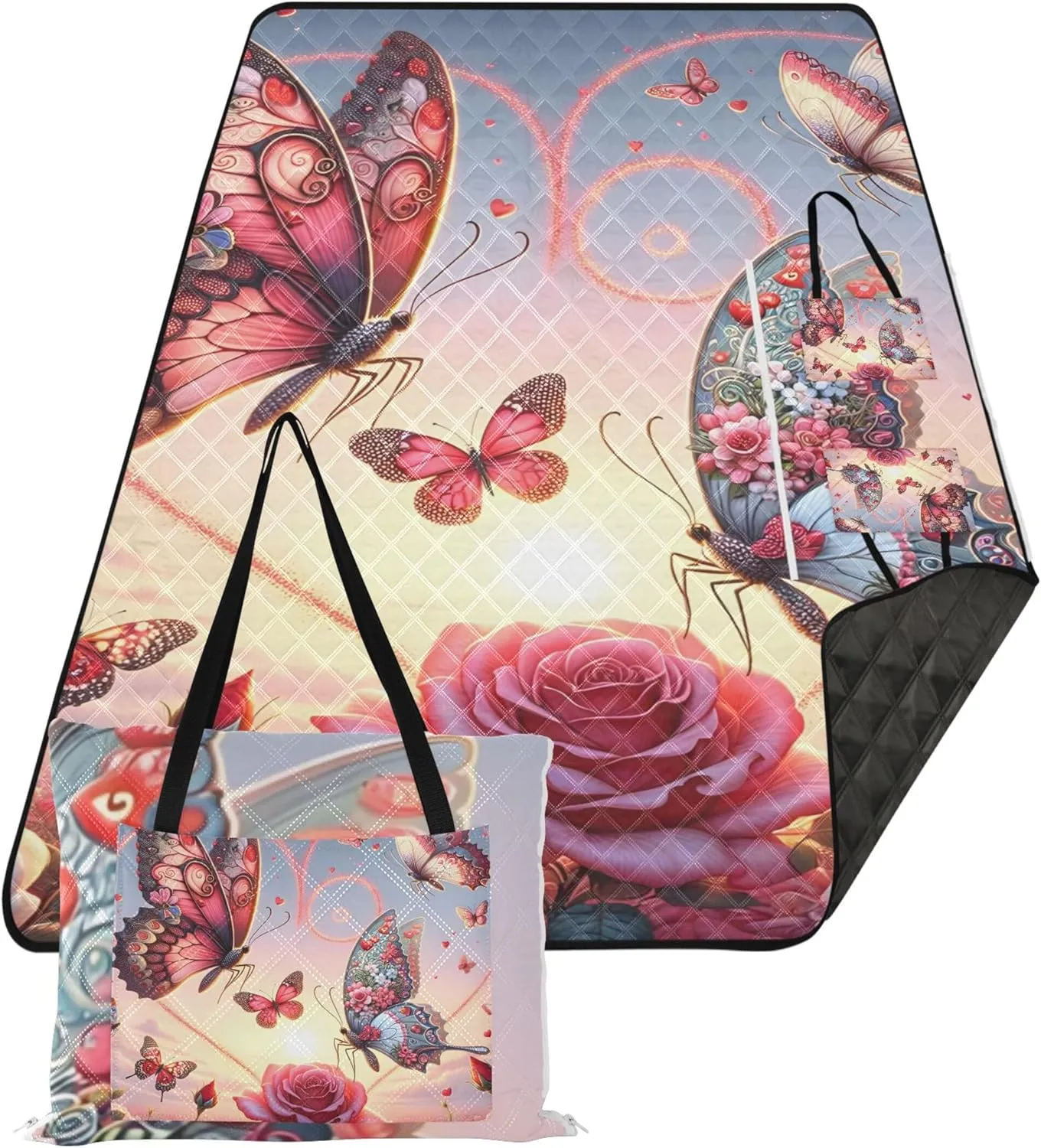 CHIFIGNO Valentine Butterflies Foldable Mat Picnic Blanket Beach Blanket Sandproof Waterproof Outdoor Blanket Camping Mat 80" x 60"