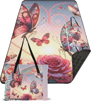 CHIFIGNO Valentine Butterflies Foldable Mat Picnic Blanket Beach Blanket Sandproof Waterproof Outdoor Blanket Camping Mat 80" x 60"