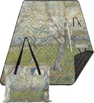CHIFIGNO Vincent Vangogh Almond Tree Print Foldable Picnic Blankets Large Sandproof Beach Blanket Waterproof Outdoor Camping Grass Mat 80" x 60"