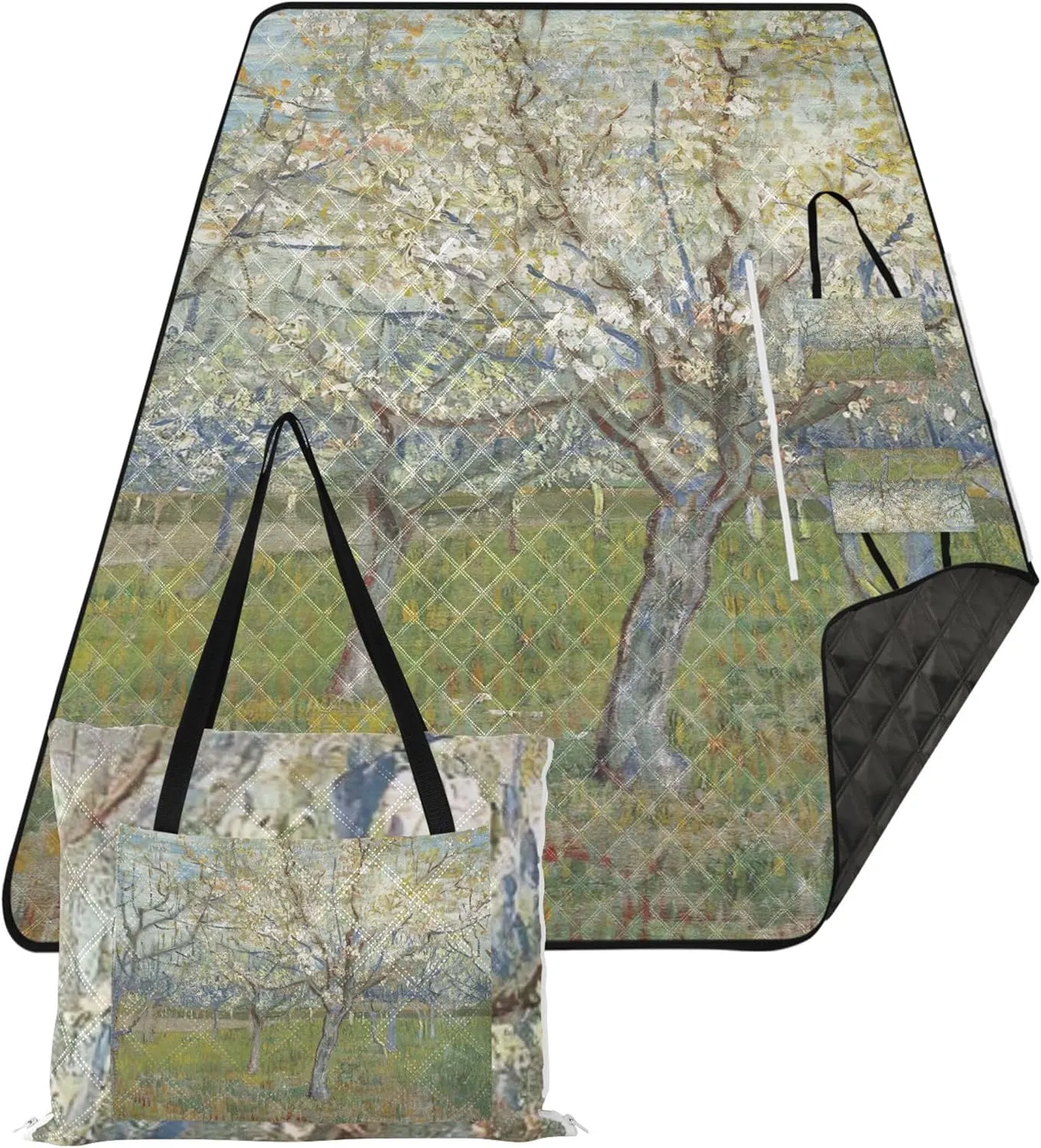CHIFIGNO Vincent Vangogh Almond Tree Print Foldable Picnic Blankets Large Sandproof Beach Blanket Waterproof Outdoor Camping Grass Mat 80" x 60"