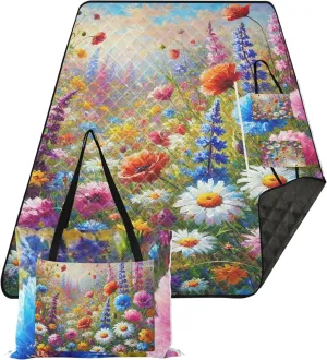 CHIFIGNO Whimsical Colorful Flower Fantasy Cute Picnic Blankets Foldable Beach Mat Sand Free Waterproof Print Camping Blankets for Grass 80" x 60"