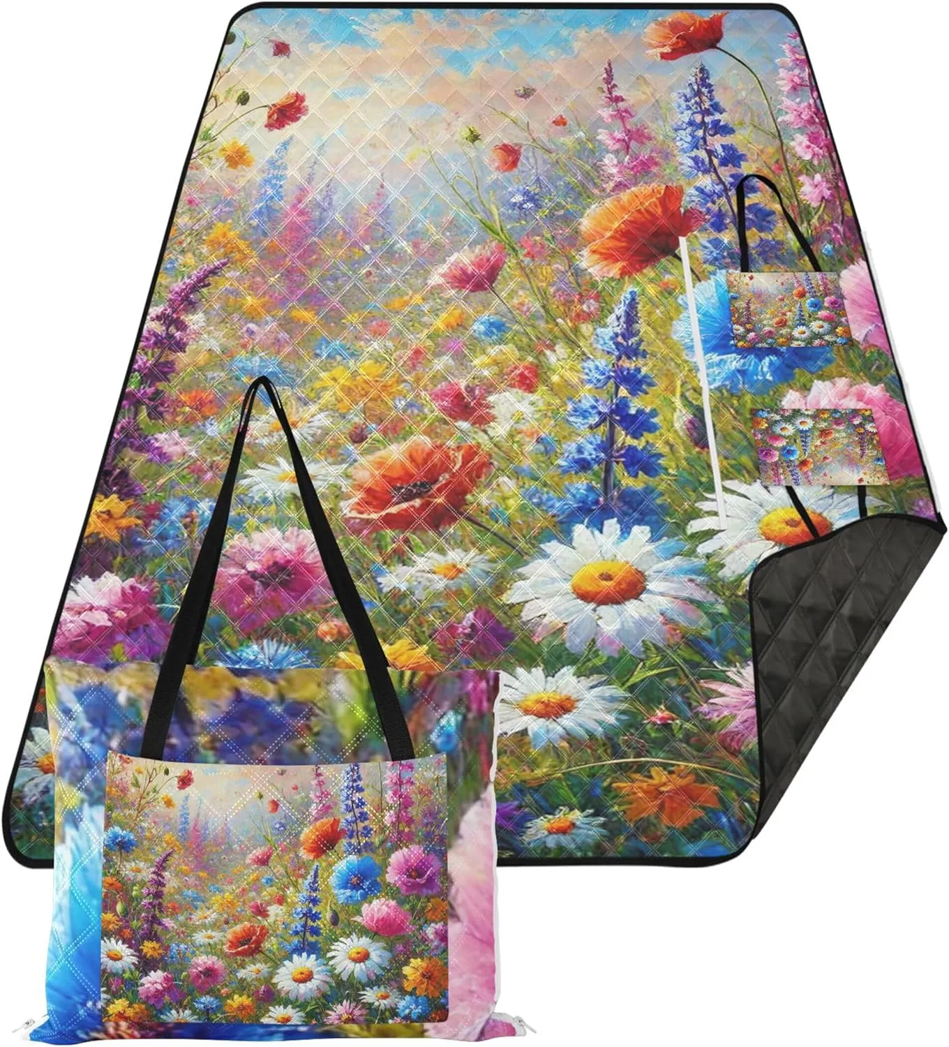 CHIFIGNO Whimsical Colorful Flower Fantasy Cute Picnic Blankets Foldable Beach Mat Sand Free Waterproof Print Camping Blankets for Grass 80" x 60"