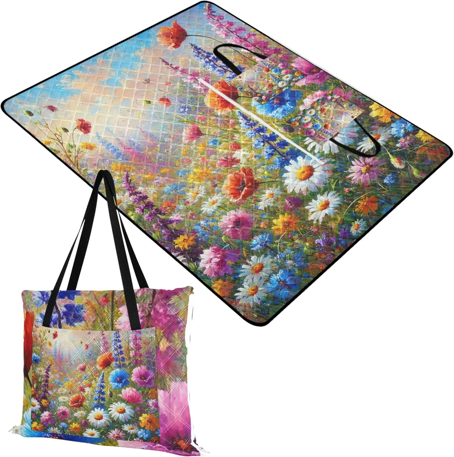 CHIFIGNO Whimsical Colorful Flower Fantasy Cute Picnic Blankets Foldable Beach Mat Sand Free Waterproof Print Camping Blankets for Grass 80" x 60"