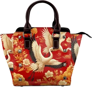 Chinese-Cranes-Peonies-Longevity Pu Leather Crossbody Studded Bag, Fashionable Shoulder Handbag With Detachable Shoulder Strap