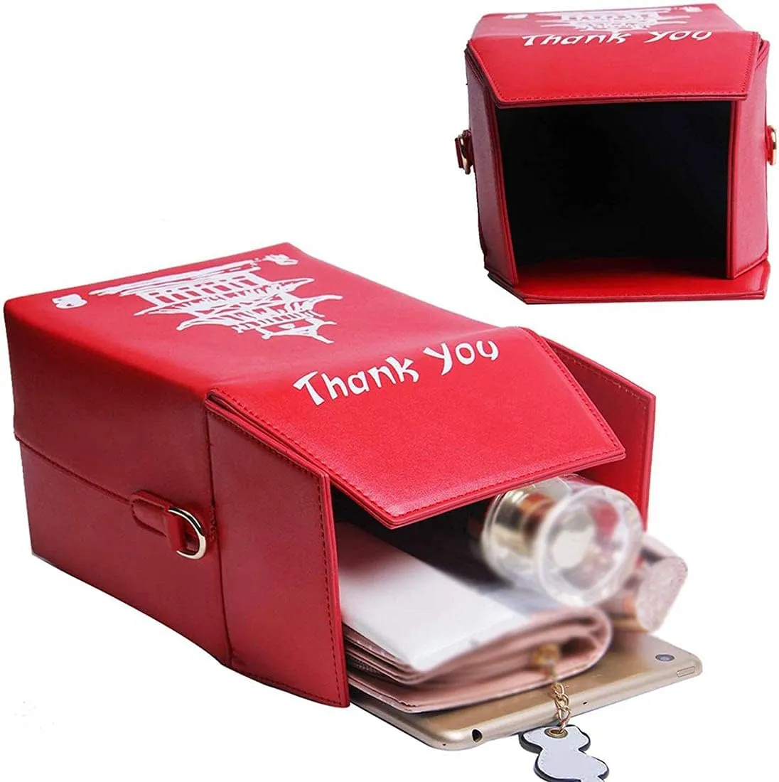 Chinese Takeout Box Style Shoulder Bag PU Leather Crossbody Bags for Women
