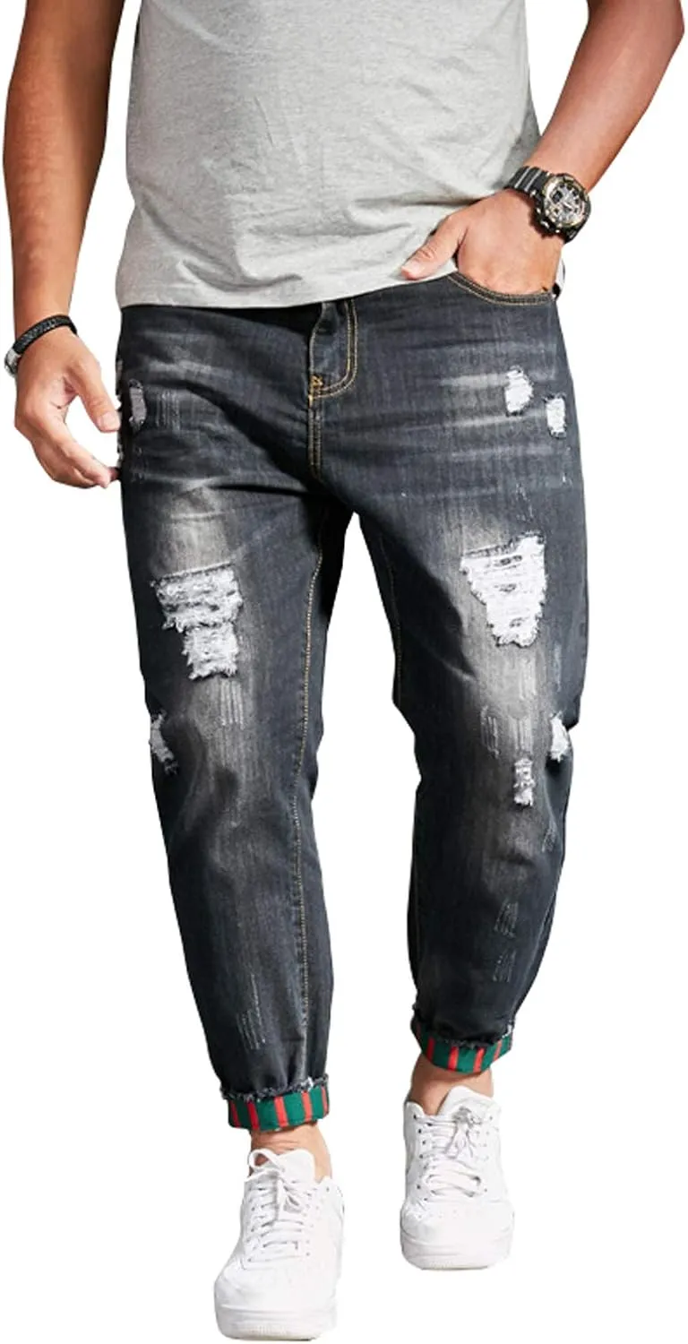 chouyatou Men's Casual Distressed Style Tapered Leg Harem Jogger Jeans Crop Denim Pants