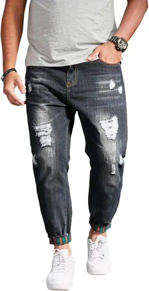 chouyatou Men's Casual Distressed Style Tapered Leg Harem Jogger Jeans Crop Denim Pants