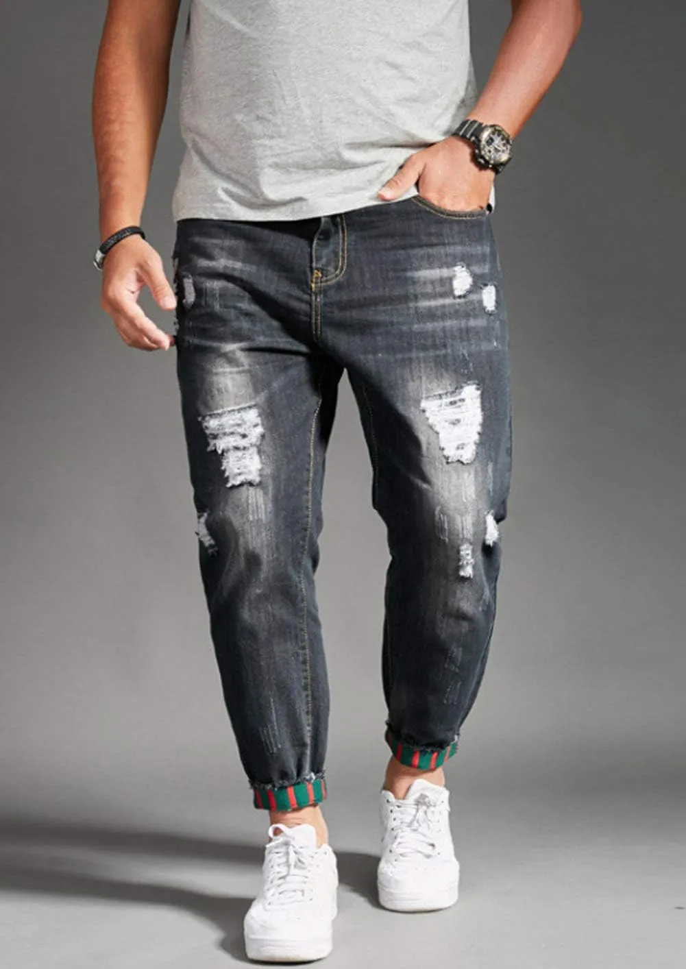 chouyatou Men's Casual Distressed Style Tapered Leg Harem Jogger Jeans Crop Denim Pants