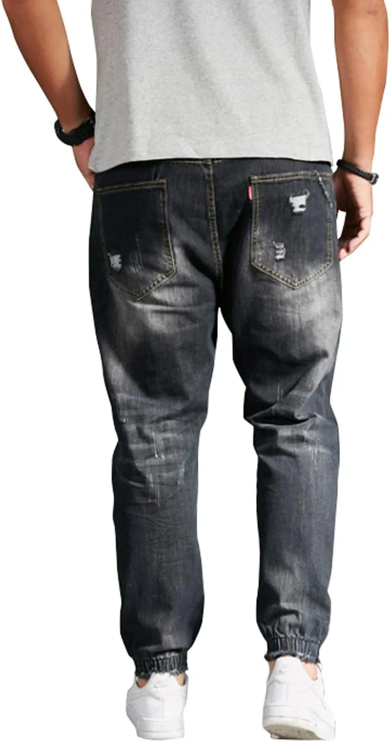 chouyatou Men's Casual Distressed Style Tapered Leg Harem Jogger Jeans Crop Denim Pants