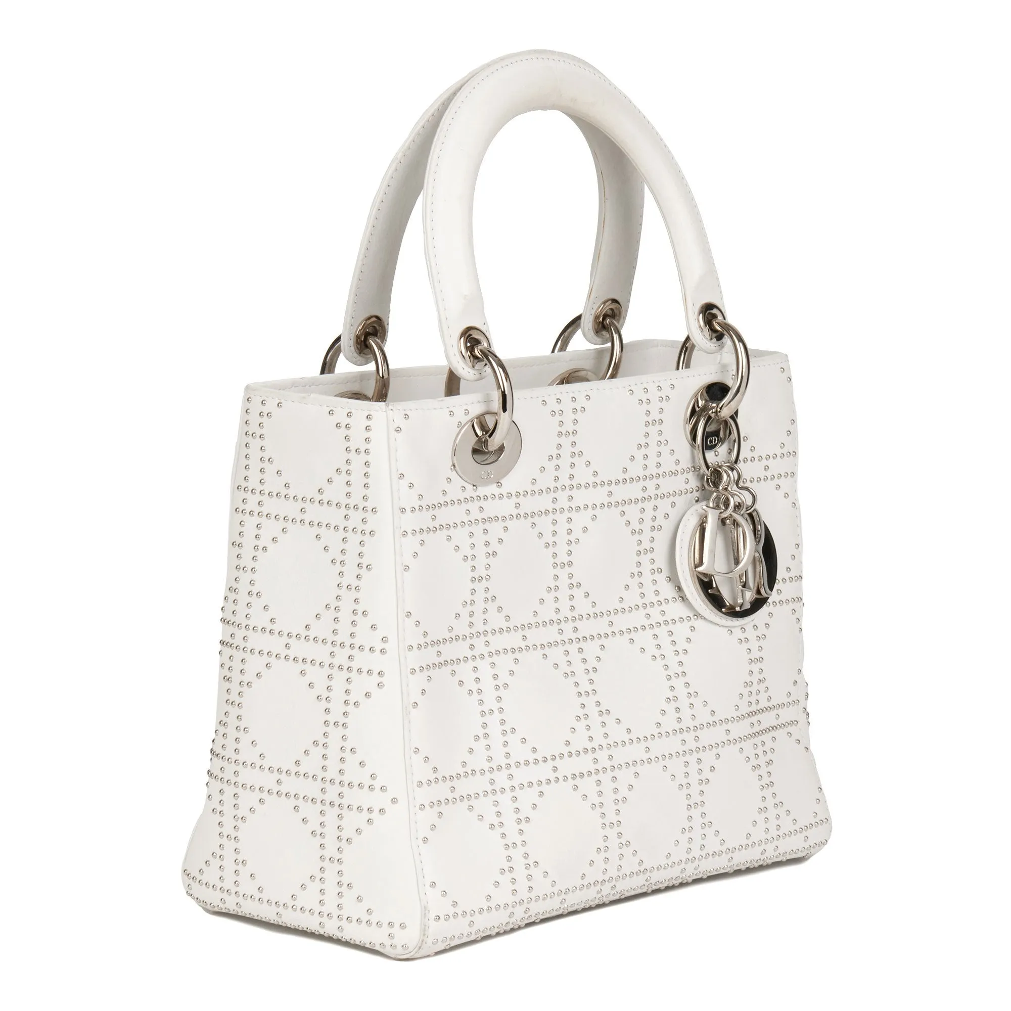 Christian Dior White Studded Calfskin Leather Medium Lady Dior Shoulder Bag