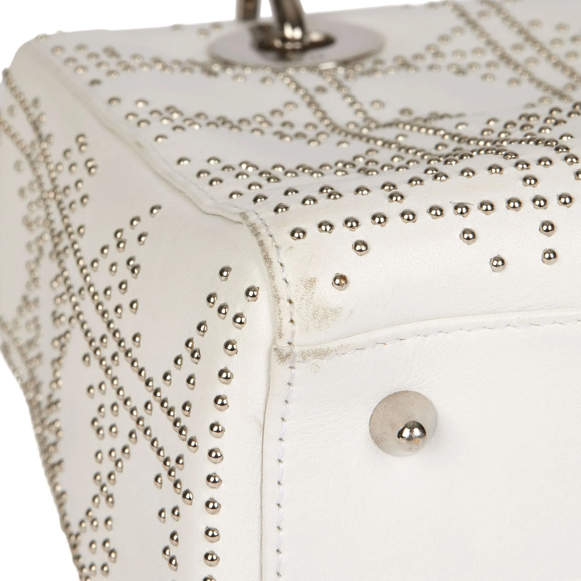 Christian Dior White Studded Calfskin Leather Medium Lady Dior Shoulder Bag