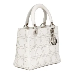 Christian Dior White Studded Calfskin Leather Medium Lady Dior Shoulder Bag