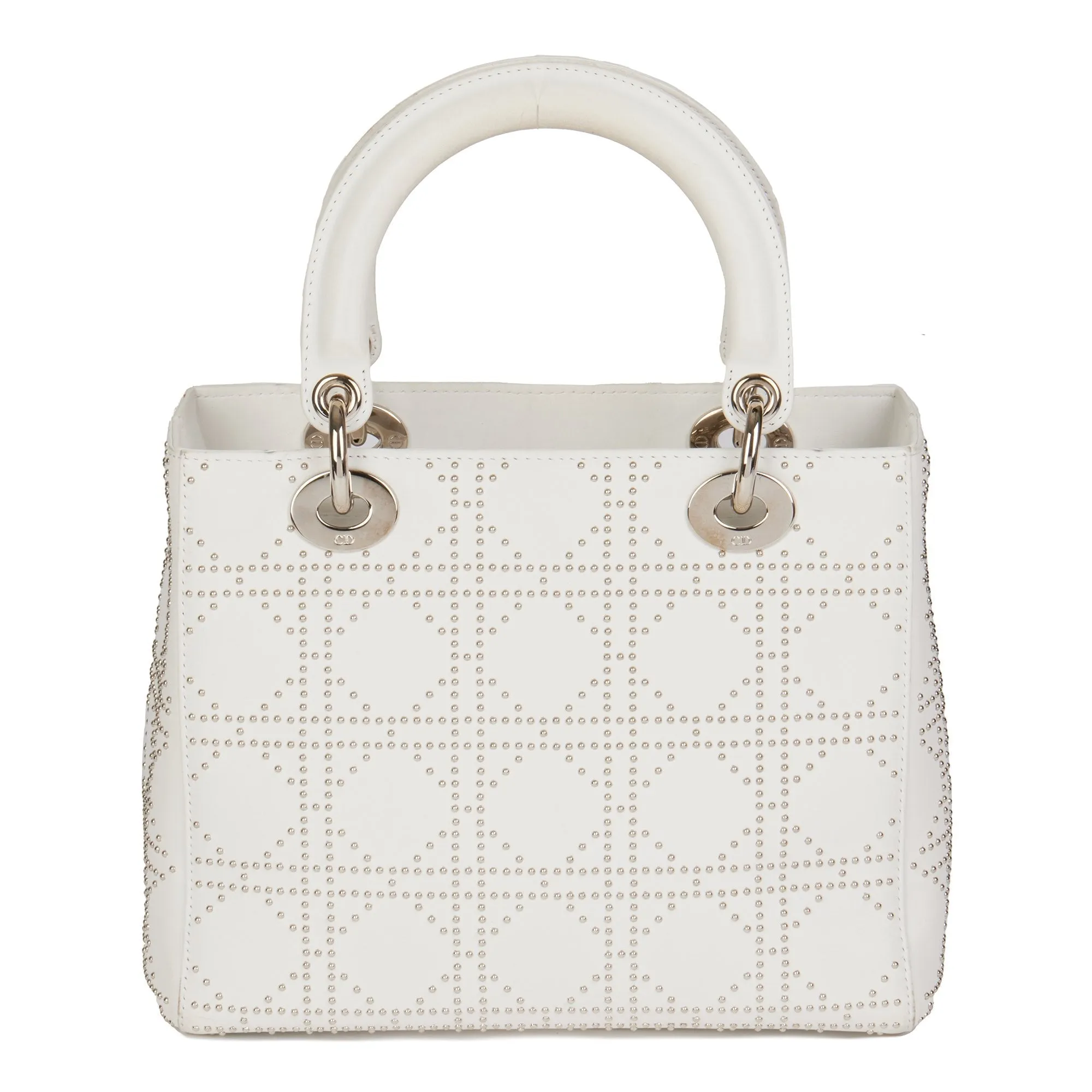 Christian Dior White Studded Calfskin Leather Medium Lady Dior Shoulder Bag