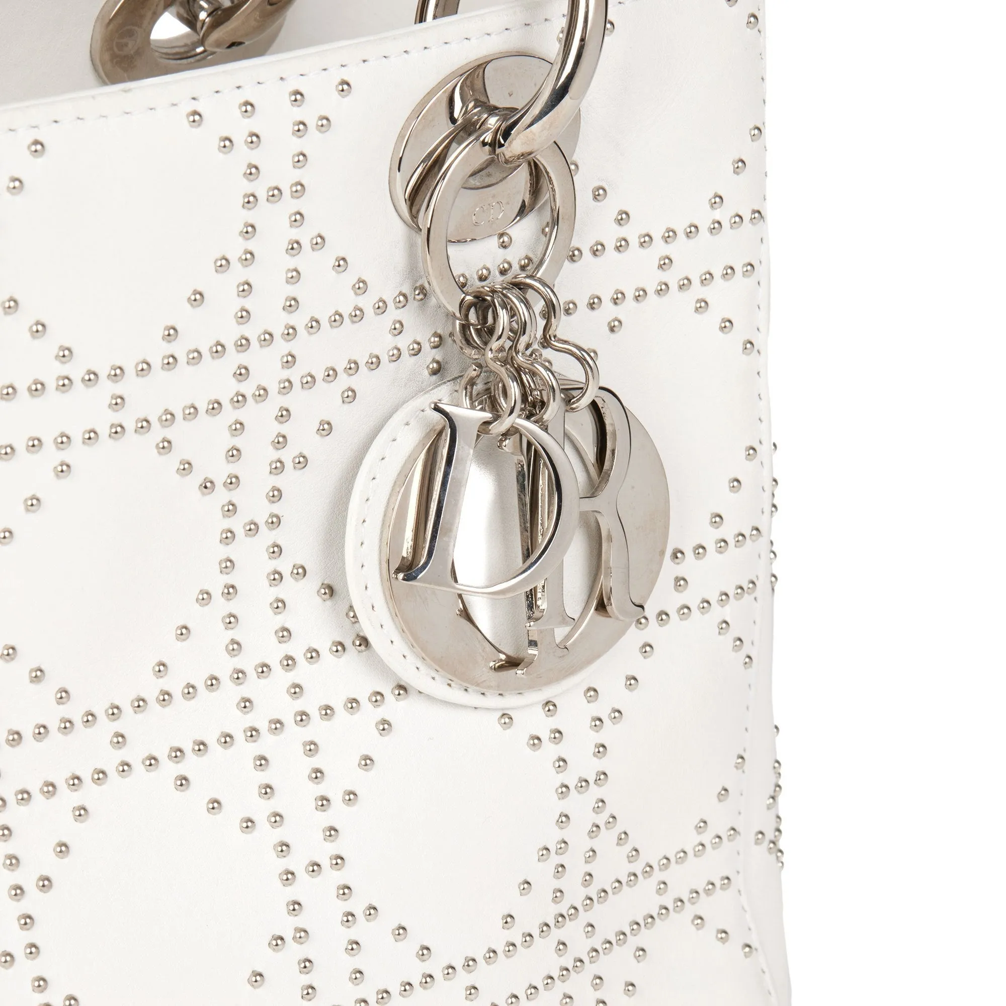 Christian Dior White Studded Calfskin Leather Medium Lady Dior Shoulder Bag