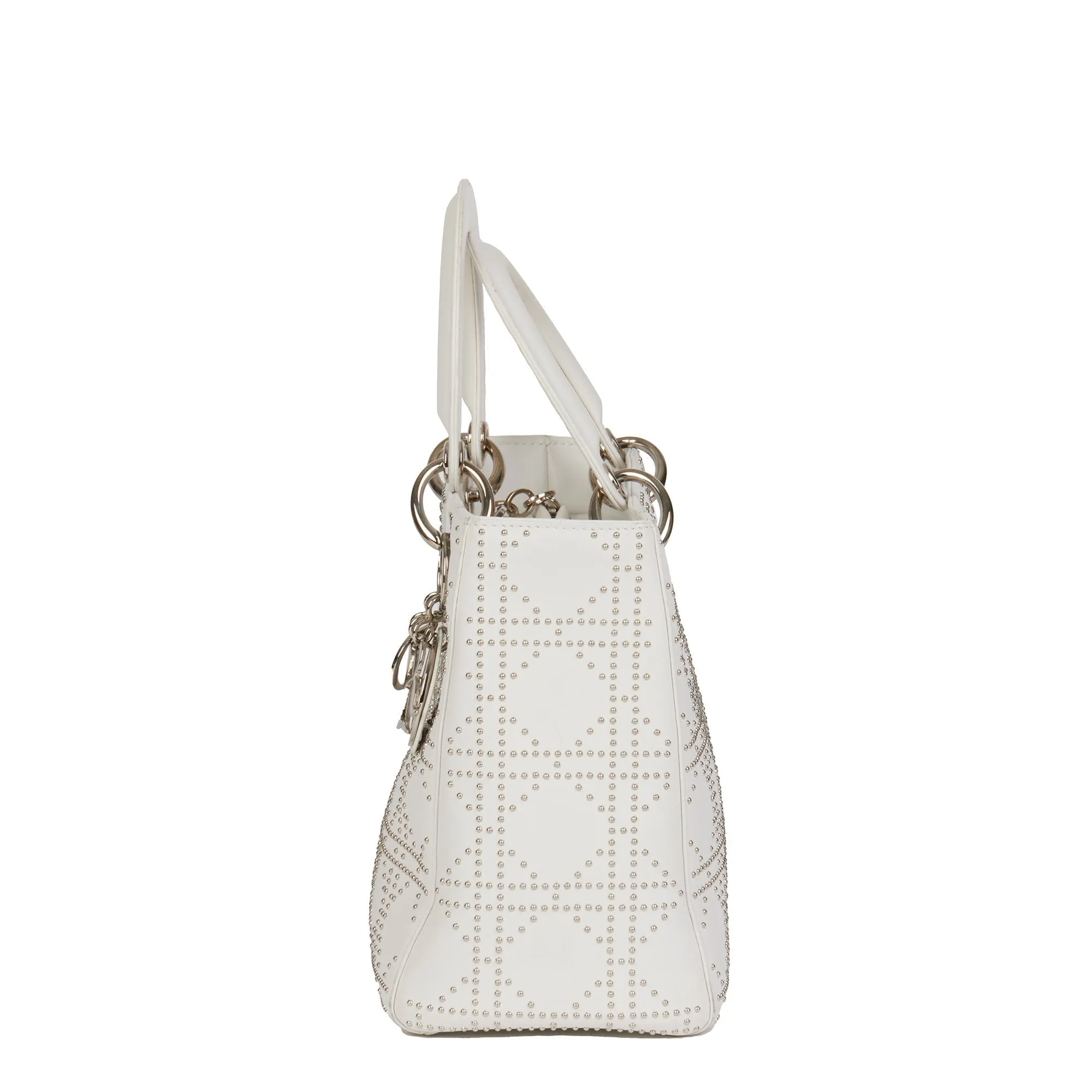 Christian Dior White Studded Calfskin Leather Medium Lady Dior Shoulder Bag