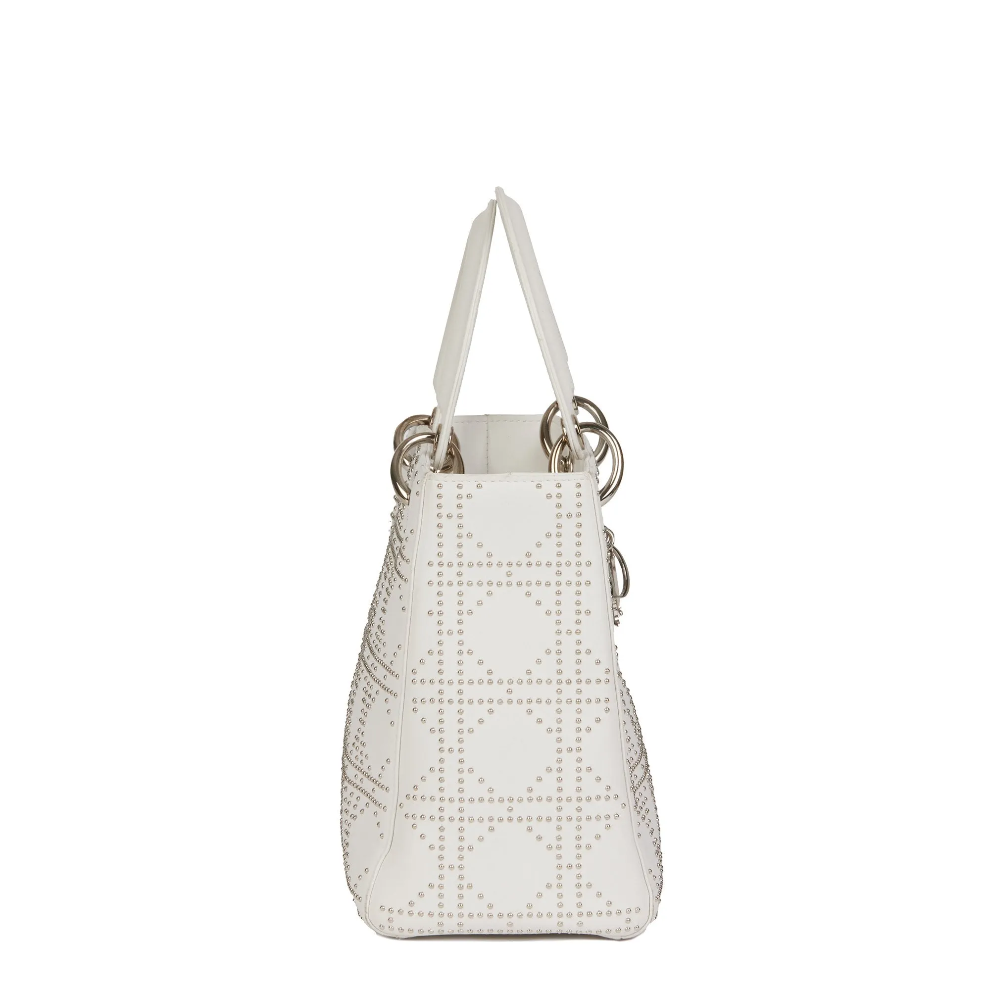 Christian Dior White Studded Calfskin Leather Medium Lady Dior Shoulder Bag