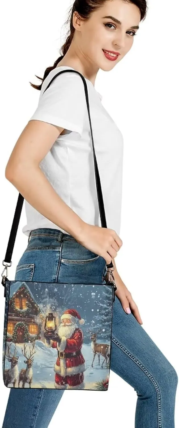 Christmas Bucket Handbag for Womens Leather Shoulder Purse with Zipper Pocket and Adjustable Strap