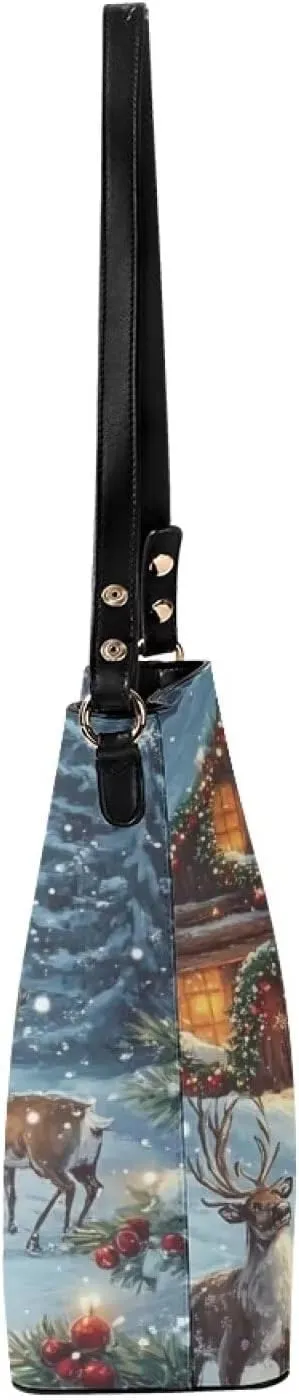 Christmas Bucket Handbag for Womens Leather Shoulder Purse with Zipper Pocket and Adjustable Strap