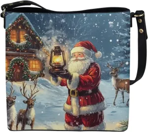 Christmas Bucket Handbag for Womens Leather Shoulder Purse with Zipper Pocket and Adjustable Strap