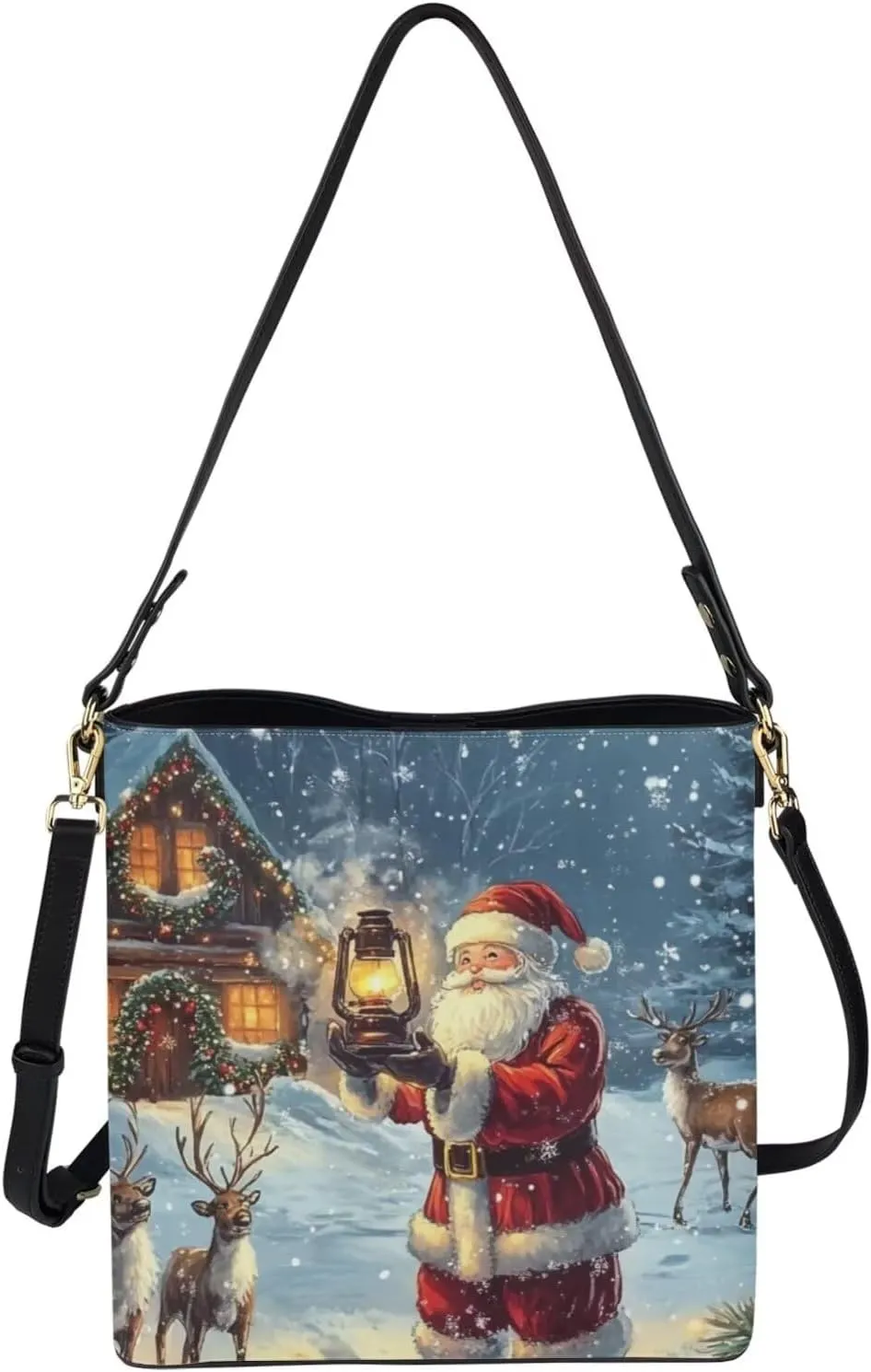 Christmas Bucket Handbag for Womens Leather Shoulder Purse with Zipper Pocket and Adjustable Strap