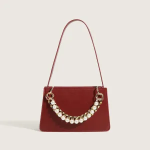 Chunky Chain Zip Top Leather Shoulder Bag with Versatile Pearl Trim - Red