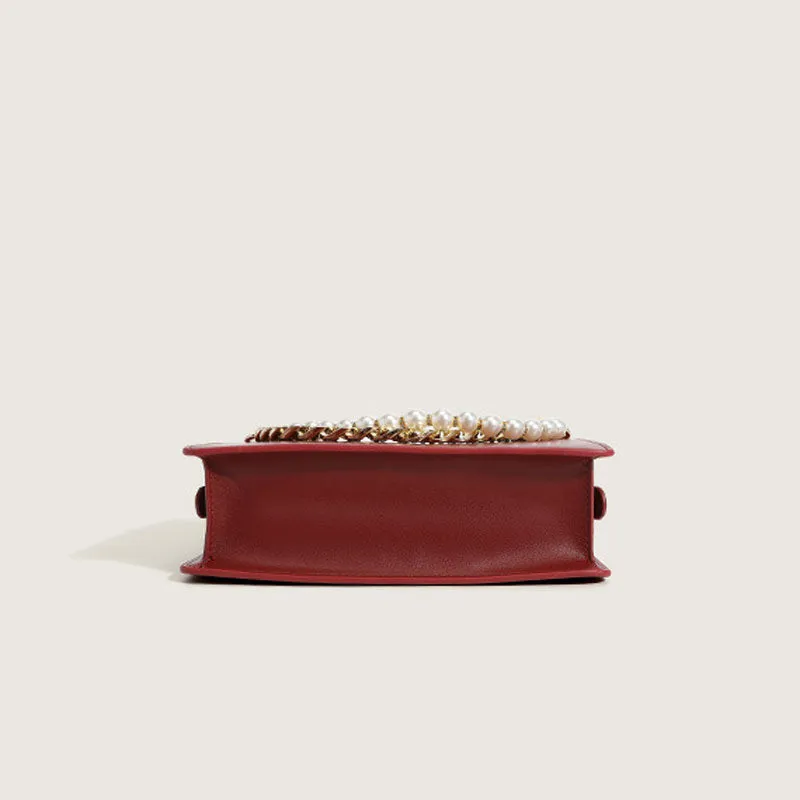 Chunky Chain Zip Top Leather Shoulder Bag with Versatile Pearl Trim - Red