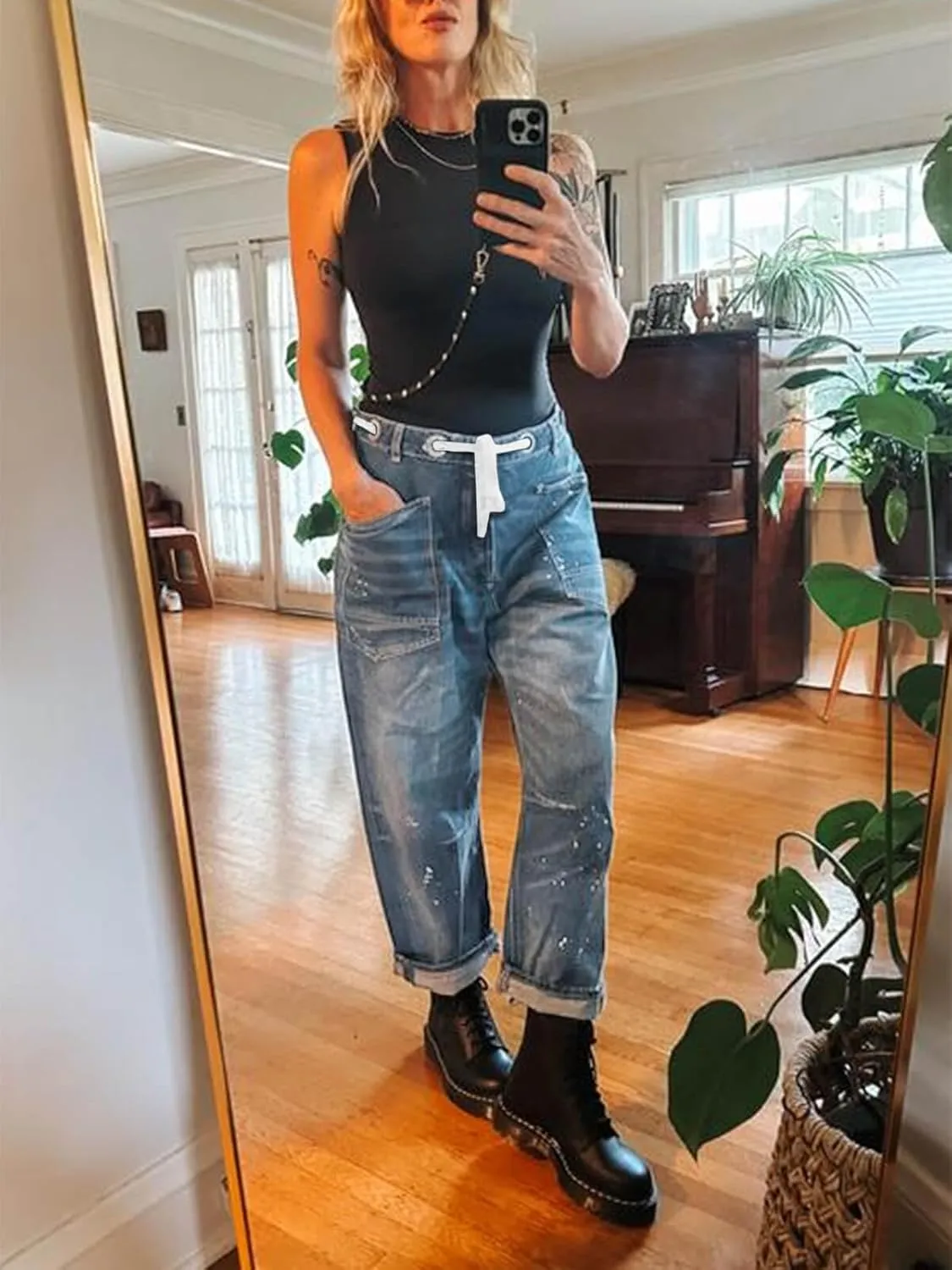 Cicy Bell Womens Baggy Barrel Horseshoe Jeans Wide Leg Drawstring Vintage Denim Pants with Front Pockets
