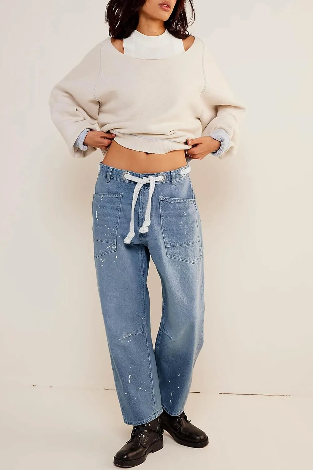 Cicy Bell Womens Baggy Barrel Horseshoe Jeans Wide Leg Drawstring Vintage Denim Pants with Front Pockets