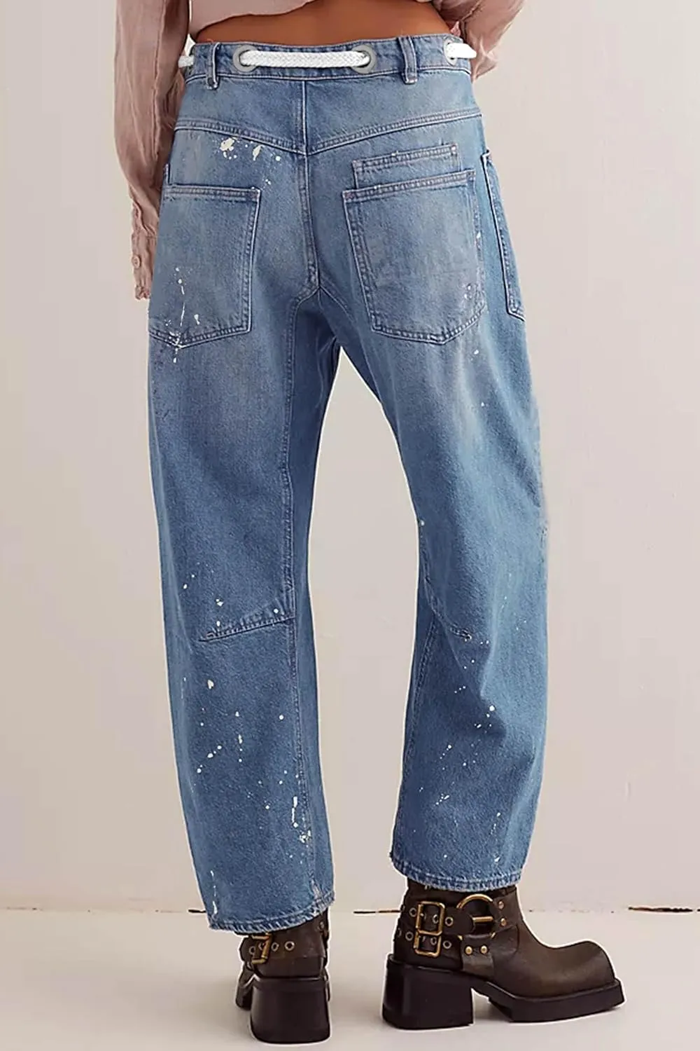 Cicy Bell Womens Baggy Barrel Horseshoe Jeans Wide Leg Drawstring Vintage Denim Pants with Front Pockets