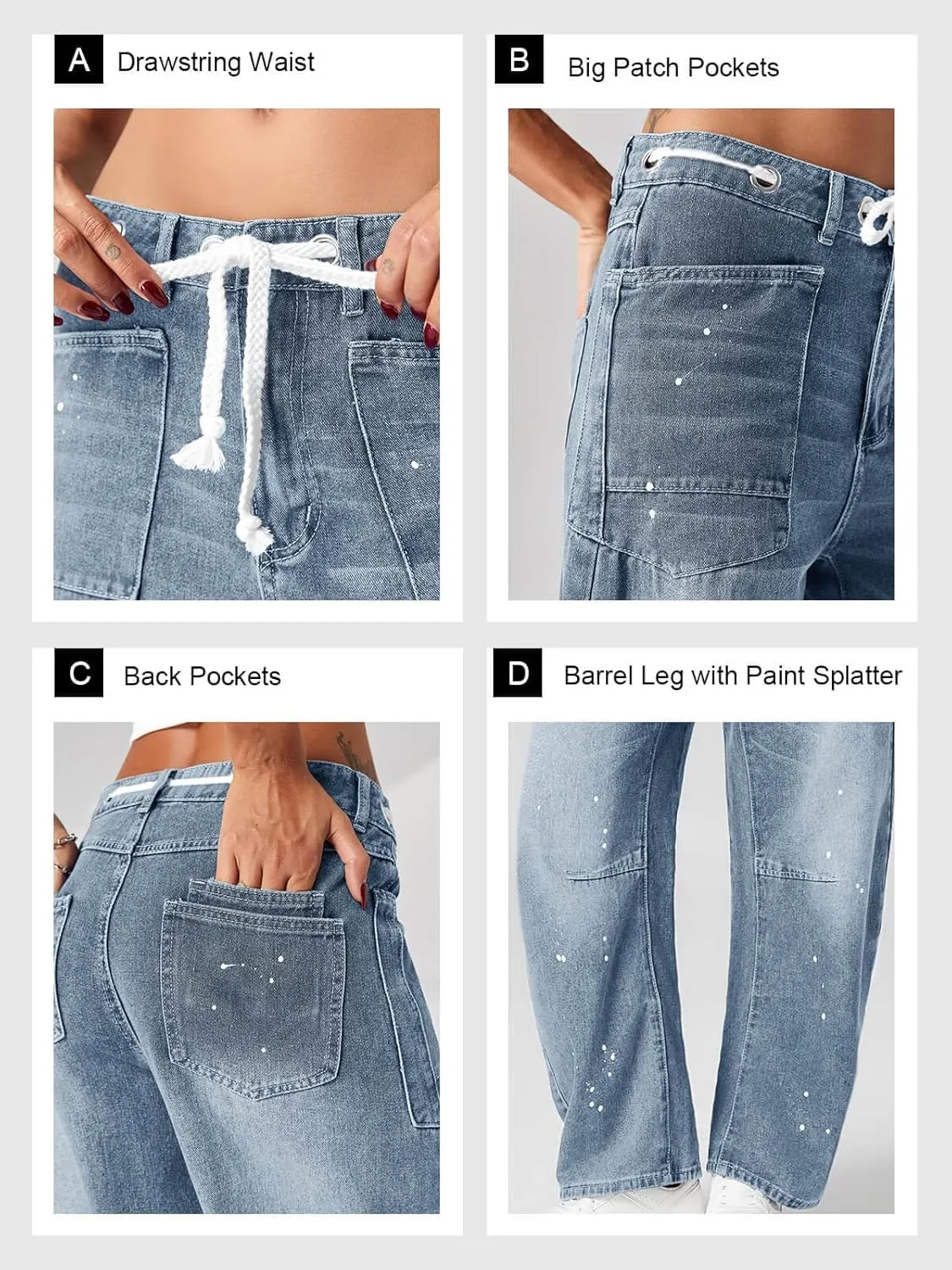 Cicy Bell Womens Baggy Barrel Horseshoe Jeans Wide Leg Drawstring Vintage Denim Pants with Front Pockets