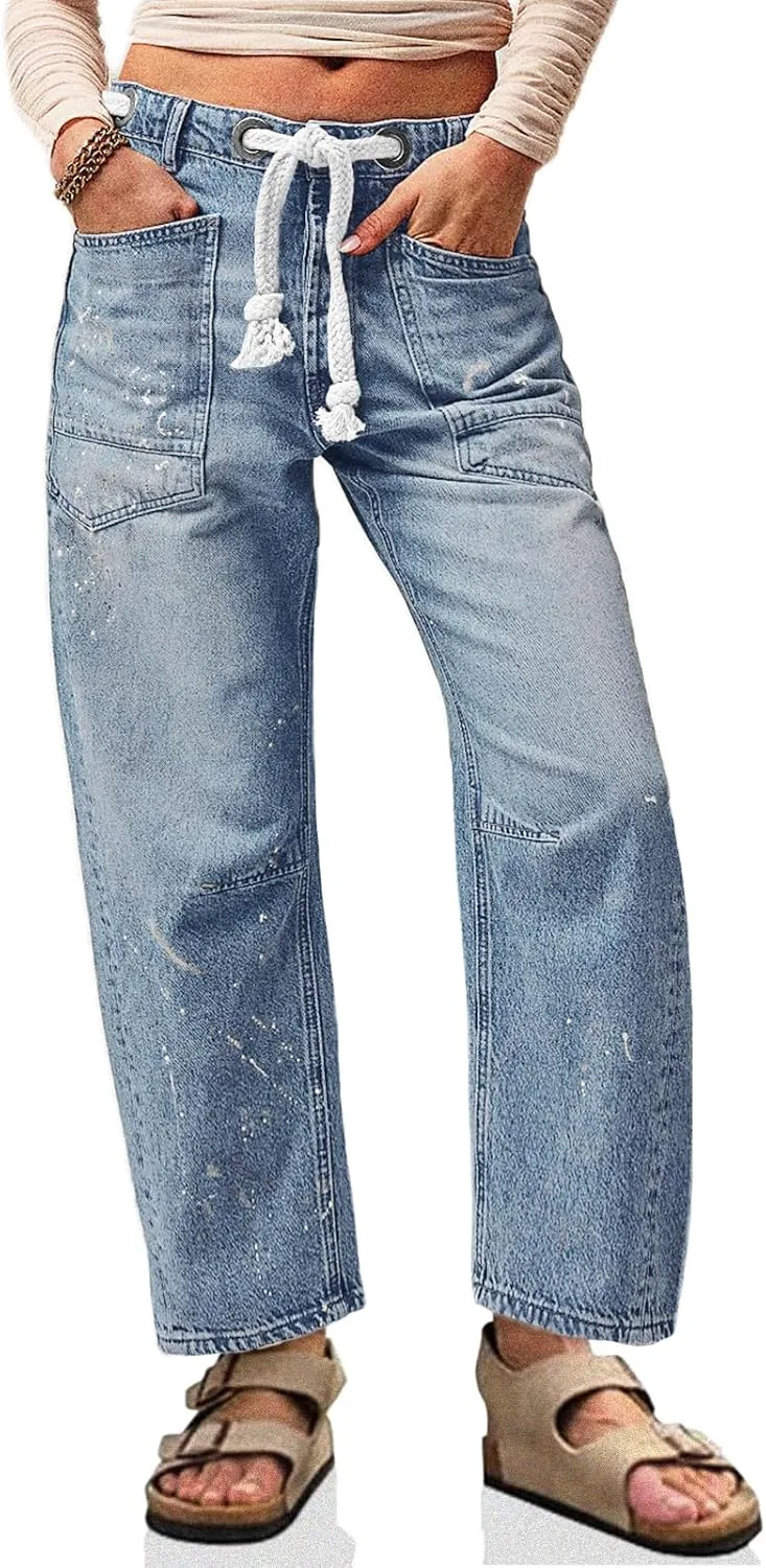 Cicy Bell Womens Baggy Barrel Horseshoe Jeans Wide Leg Drawstring Vintage Denim Pants with Front Pockets
