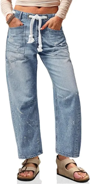 Cicy Bell Womens Baggy Barrel Horseshoe Jeans Wide Leg Drawstring Vintage Denim Pants with Front Pockets