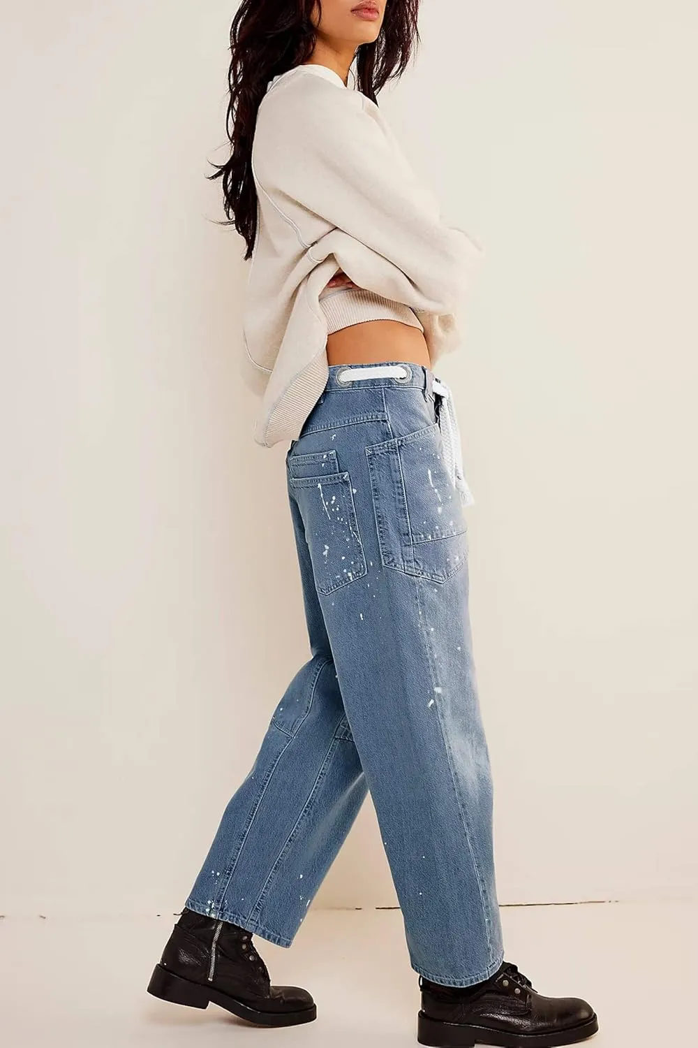 Cicy Bell Womens Baggy Barrel Horseshoe Jeans Wide Leg Drawstring Vintage Denim Pants with Front Pockets