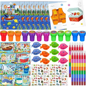 Cinrobiye 72 Pcs Gone Fishing Party Favors for Kids，Mini Coloring Books with Crayons, Tattoos, Stickers, Stamps & Fish Toys, Summer Birthday Goodie Bag Fillers, Little Fisherman Party Supplies