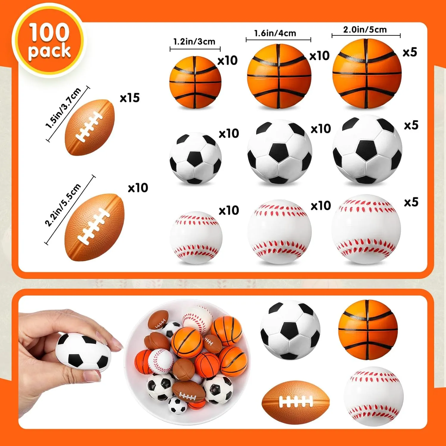 Civaner 100 Pieces Mini Stress Balls Bouncy Foam Sports Balls Including Basketball, Soccer Ball, Baseball, Football for Sports Party Favors Mini Footballs Party Favors (Medium)