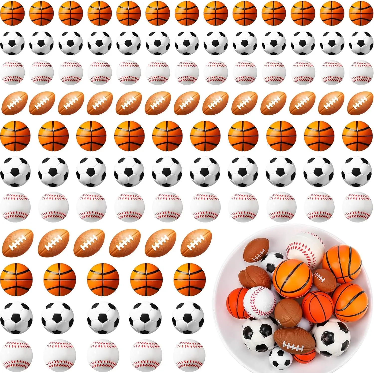 Civaner 100 Pieces Mini Stress Balls Bouncy Foam Sports Balls Including Basketball, Soccer Ball, Baseball, Football for Sports Party Favors Mini Footballs Party Favors (Medium)
