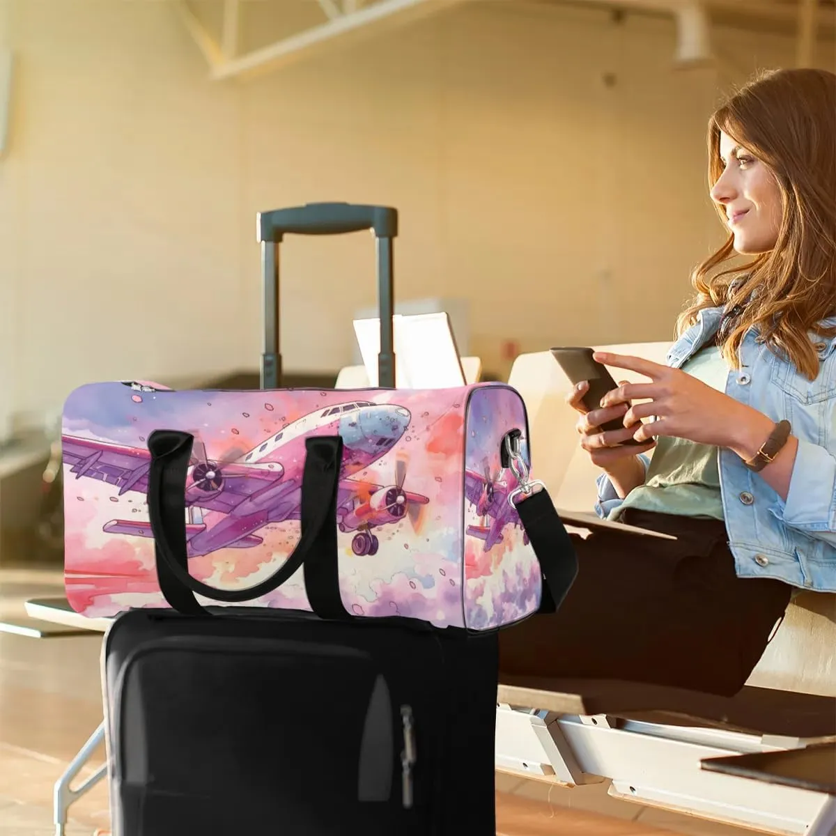 Coloful Airplane Travel Duffel Bag for Women Men Waterproof Foldable Overnight Weekender Bag Large Capacity Sports Gym Bag