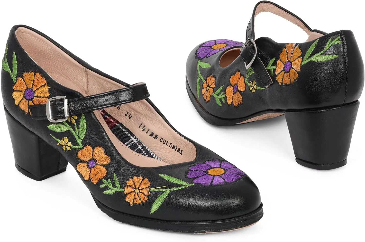 Colonial 226 Women's Folklorico Dance Shoes with Nails, Embroidered, Leather, 6cm Heel