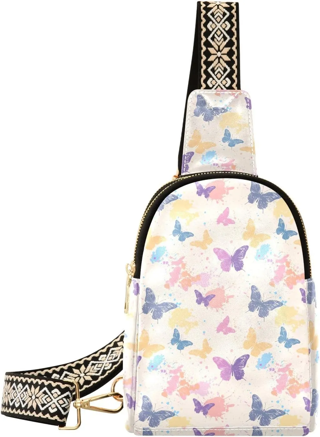 Color Butterfly Stylish PU Leather Waist Pack Soft Waterproof Crossbody Bag with Metal Hardware Fits Keys Phone Passport for Work Walks Music Fests & Trips
