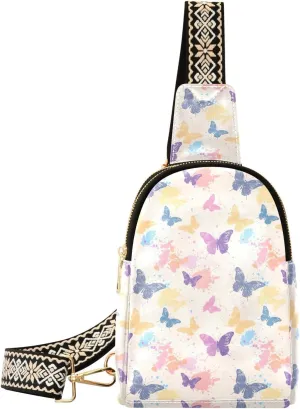 Color Butterfly Stylish PU Leather Waist Pack Soft Waterproof Crossbody Bag with Metal Hardware Fits Keys Phone Passport for Work Walks Music Fests & Trips