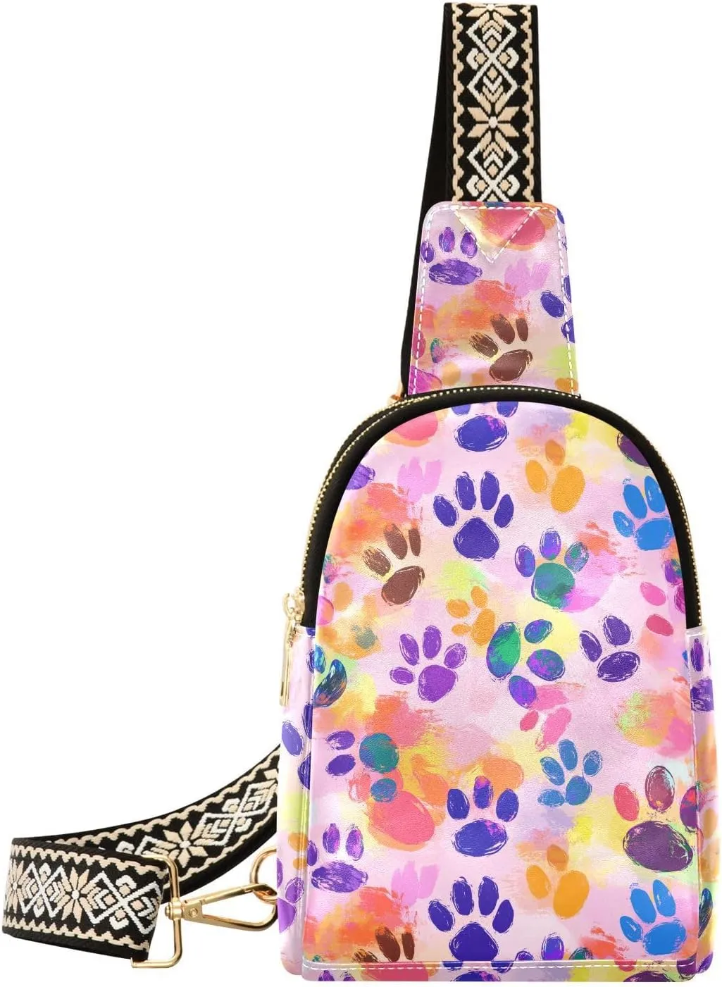 Color Dog Paw Print Stylish PU Leather Waist Pack Soft Waterproof Crossbody Bag with Metal Hardware Fits Keys Phone Passport for Work Walks Music Fests & Trips