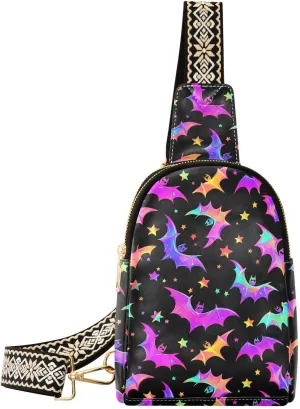 Colorful Bat Mini Crossbody Bag with Full-Print PU Leather Fashion Waist Pack with Adjustable Strap & Card Holder Great for Hiking Fishing Beach Travel & More