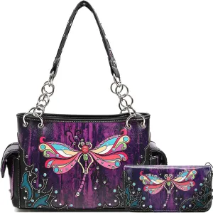 Colorful Dragonfly Western Style Spring Rhinestone Studded Purse Leather Country Handbag Women Shoulder Bag Wallet Set