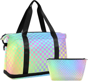 Colorful Laser Design Stripes Gym Sports Duffel Bags Weekender Bag with Toiletry Bag for Travel 2 Pcs Set