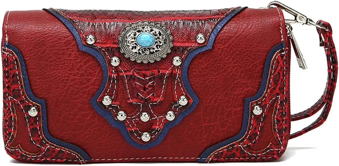 Conchos Studded Crocodile Laser Cut Cowgirl Western Purse Women Wristlet Wallet