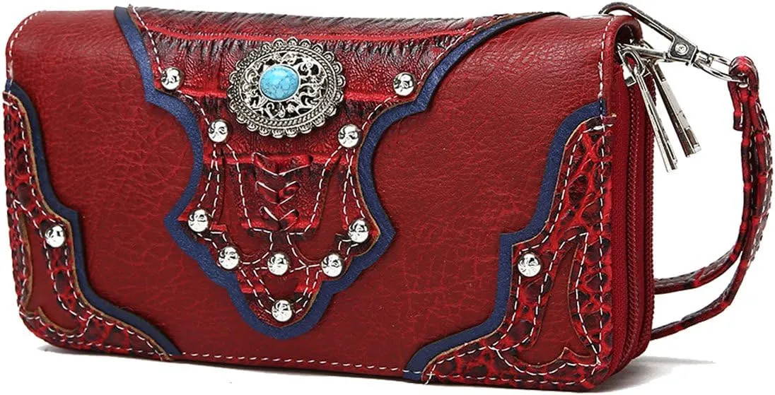 Conchos Studded Crocodile Laser Cut Cowgirl Western Purse Women Wristlet Wallet