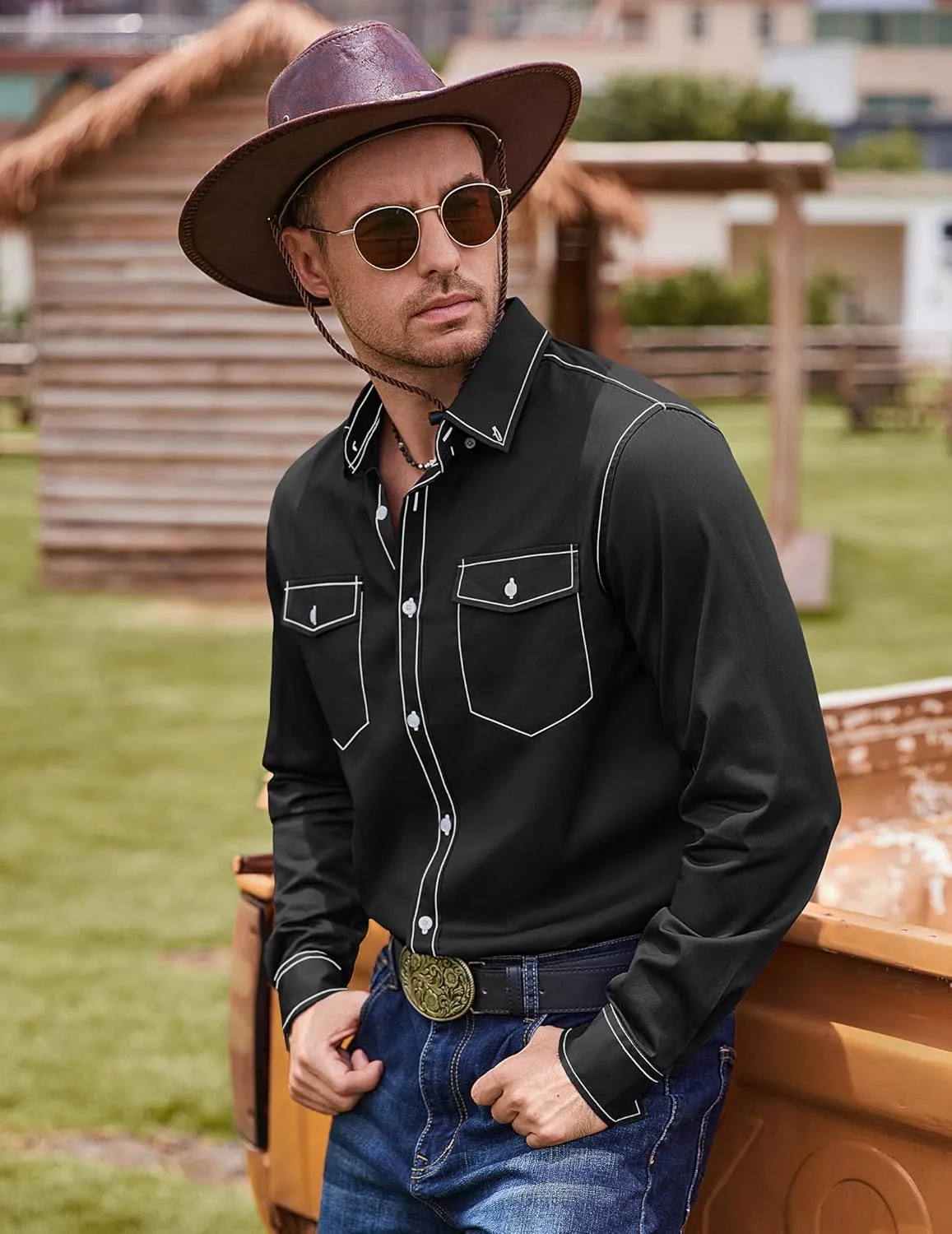 COOFANDY Mens Western Cowboy Shirts Cotton Long Sleeve Shirts with Two Pockets Embroidered